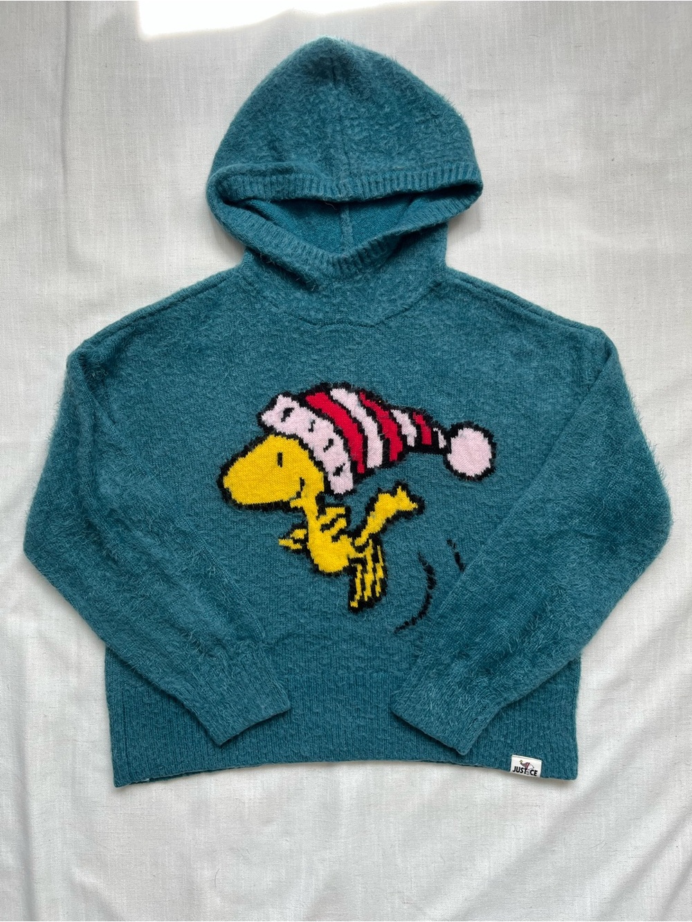 Justice- Girls Teal Hooded Fuzzy Sweater with Woodstock Graphic. Size XL.
